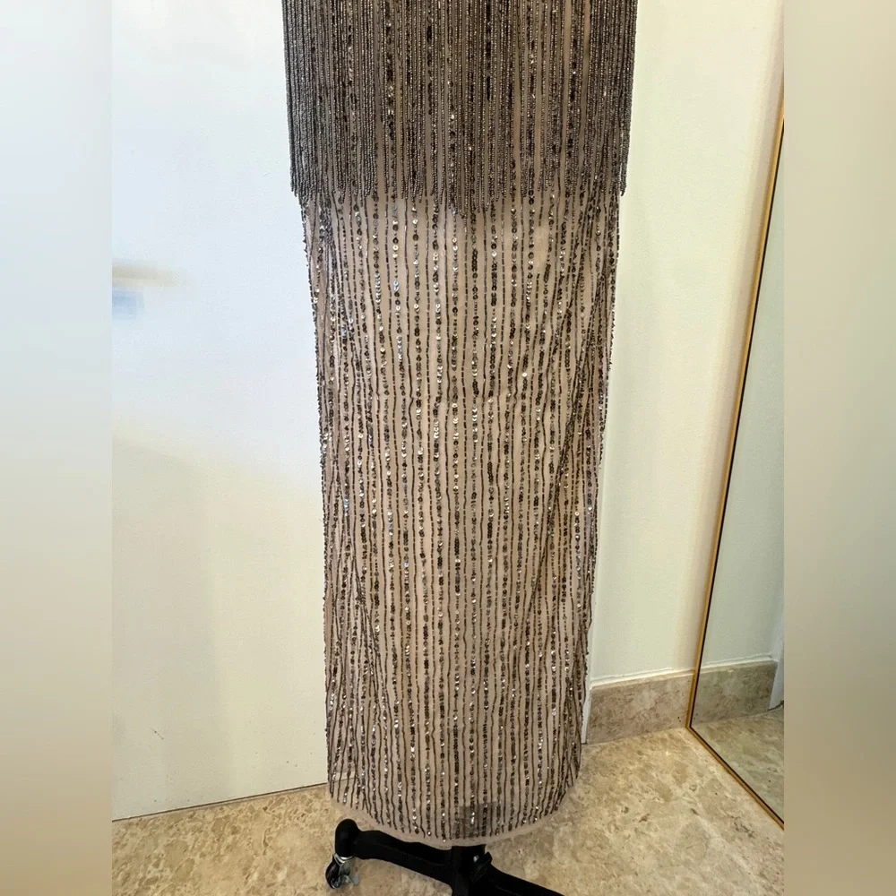 Heavily Beaded Halter Gown – Open Back Sheer Fringe Maxi Dress Glam Formal - Picture 5 of 12